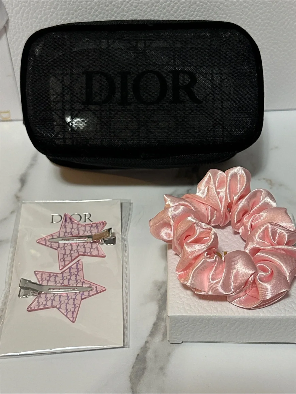 Dior Beauty Mesh Pouch with Light Pink Satin Scrunchie & Pink Star Clip 🌸🖤🤩